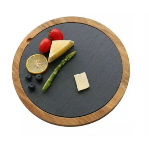 Блюдо для подачи круглое d=30 см. h=1,5 см. черное, сланец, на деревянной подставке MGprof /1/12/