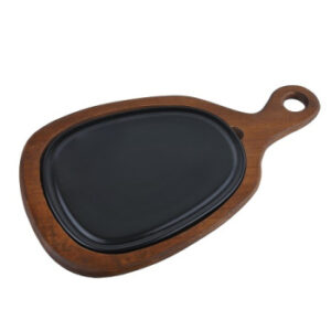 Блюдо для подачи 24,5*20,5 см. h=2,5 см. с ручкой на дерев. подставке, фарфор серия Черный Bonna /1/6/